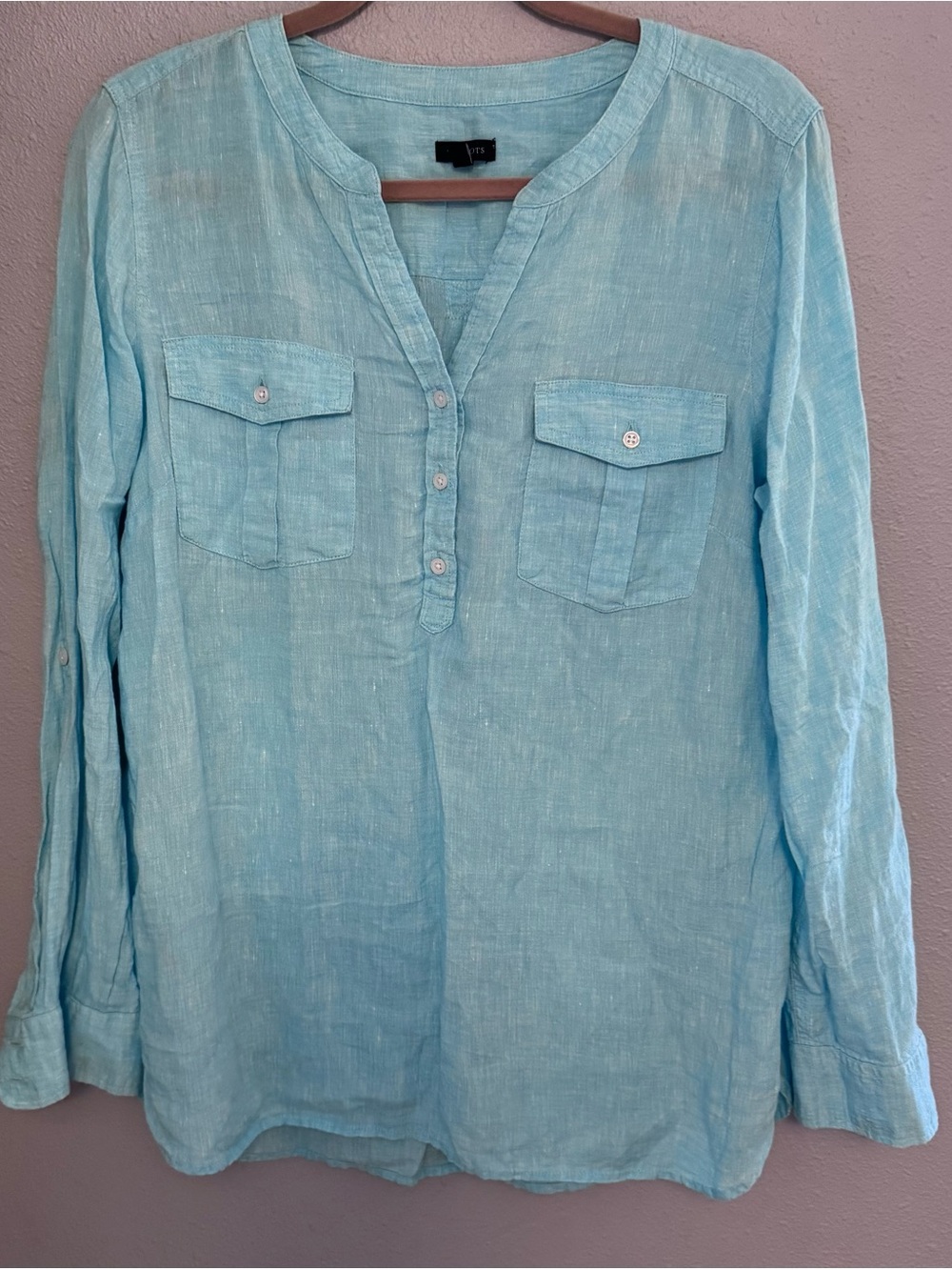 Talbots Light Aqua Blue Linen Henley Blouse